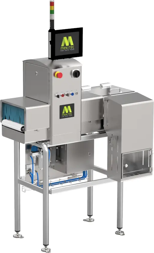MEKI ONE X-ray inspection system with touchscreen, inspection tunnel and reject bin in one stainless-steel frame.